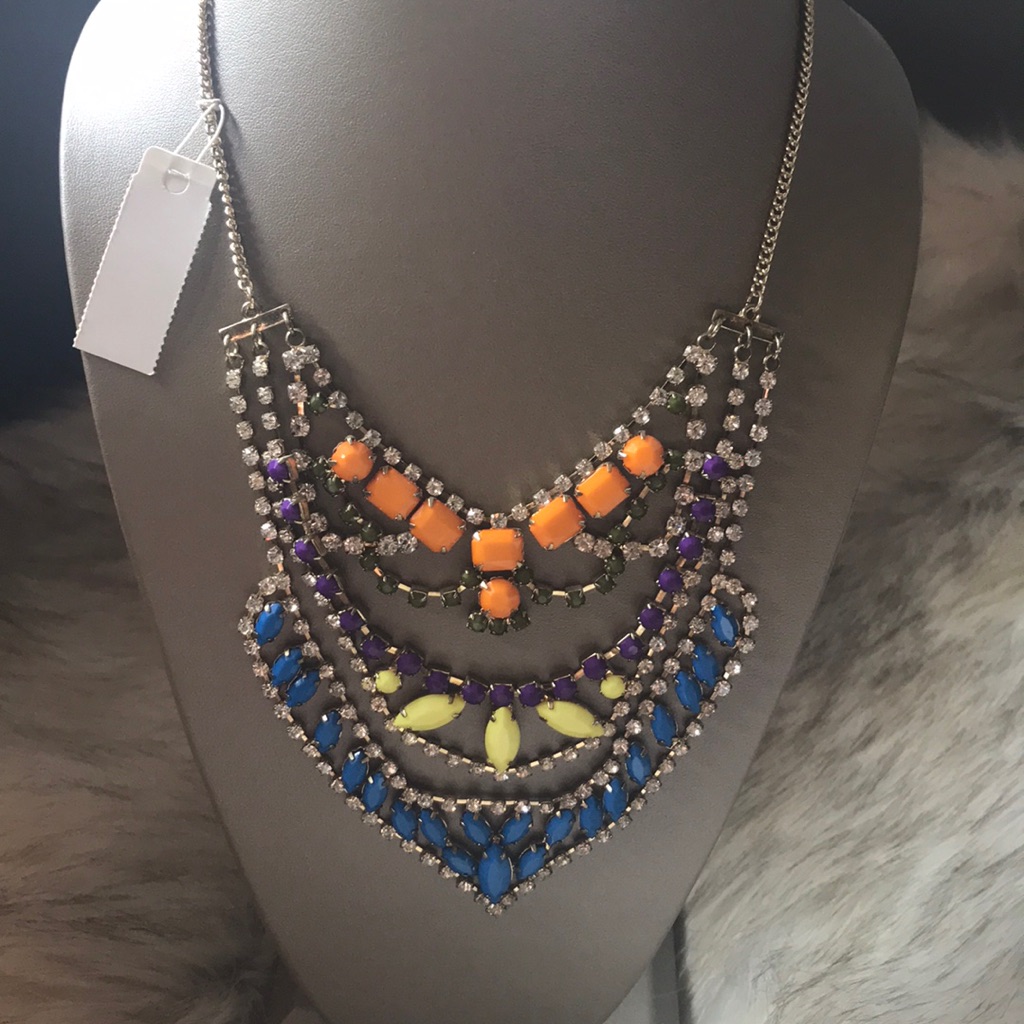Cara New York Necklace Tiered Colored And Clear Stone, New With Tags